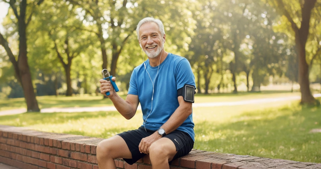A smiling senior man sits outdoors, using a hand exerciser and listening to music, likely engaging in a workout session.
