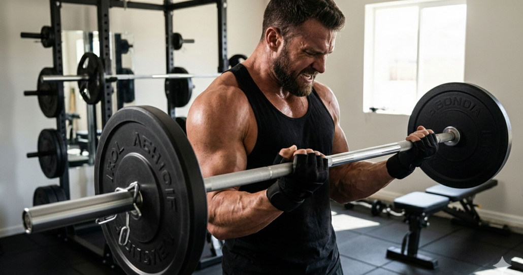 Men workout at home gym with barbell bar with weight plates