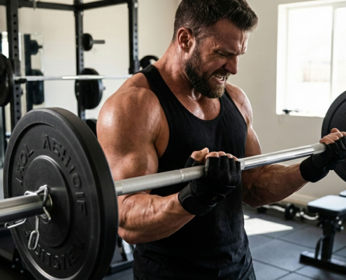 Men workout at home gym with barbell bar with weight plates