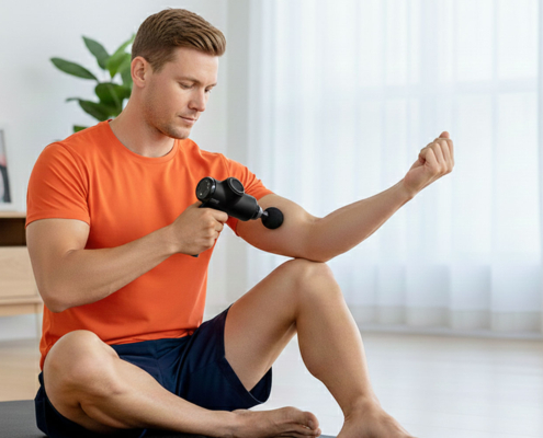 A man using a massage gun on his arm.