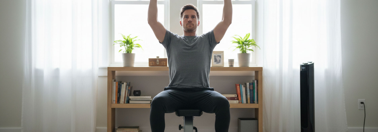 Man performing a chest press exercise with dumbbells on a weight bench at home