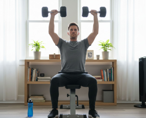 Man performing a chest press exercise with dumbbells on a weight bench at home