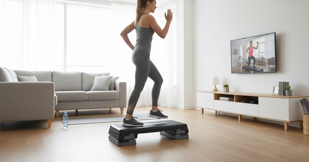 Woman doing exercise using Aerobic step Platform
