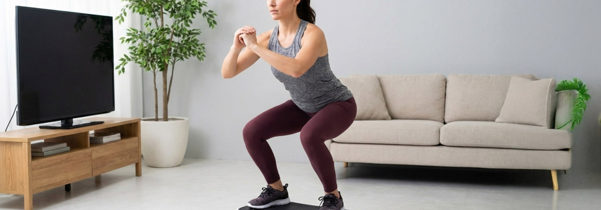 A woman is exercising at home, standing on a vibration plate.