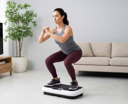 A woman is exercising at home, standing on a vibration plate.