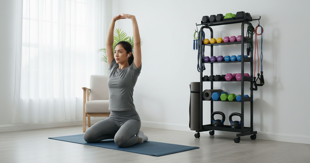 A woman is depicted mid-workout next to a fully stocked mobile fitness equipment storage rack.