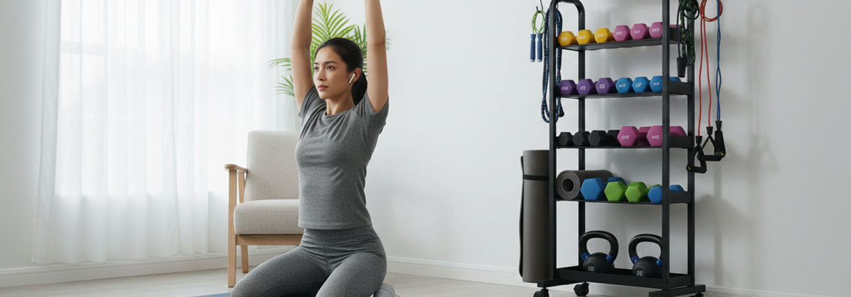 A woman is depicted mid-workout next to a fully stocked mobile fitness equipment storage rack.