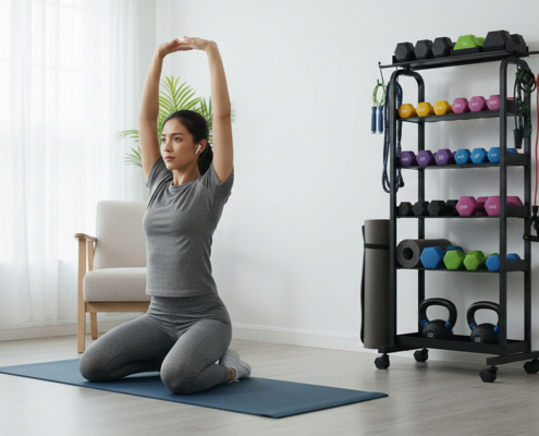 A woman is depicted mid-workout next to a fully stocked mobile fitness equipment storage rack.