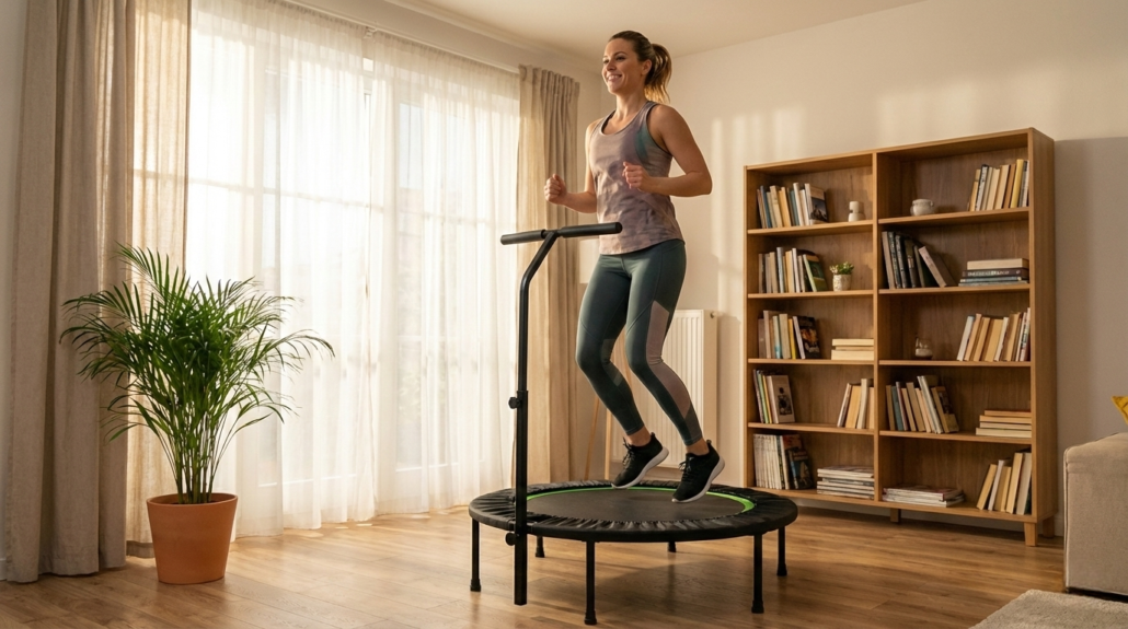 Woman doing exercises on mini fitness trampoline at home