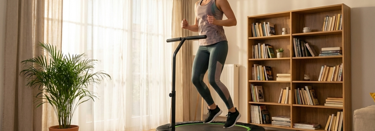 Woman doing exercises on mini fitness trampoline at home