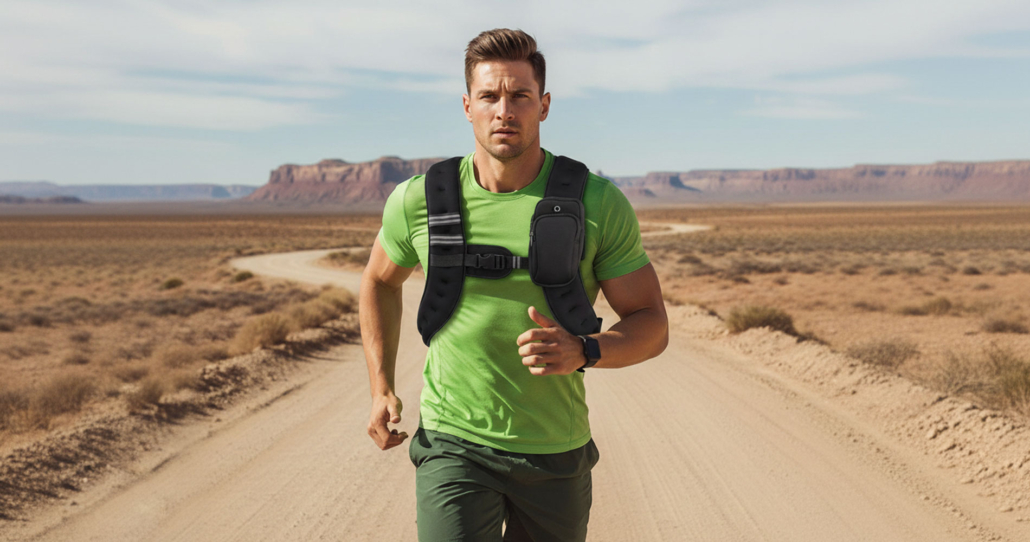 The male running with a weighted vest in a rugged outdoor setting