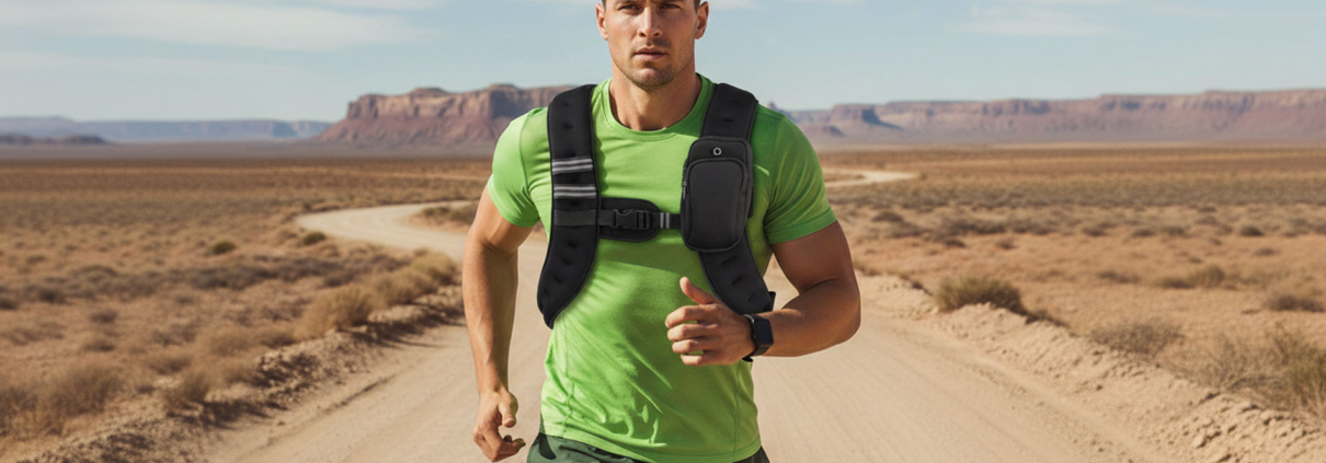 The male running with a weighted vest in a rugged outdoor setting