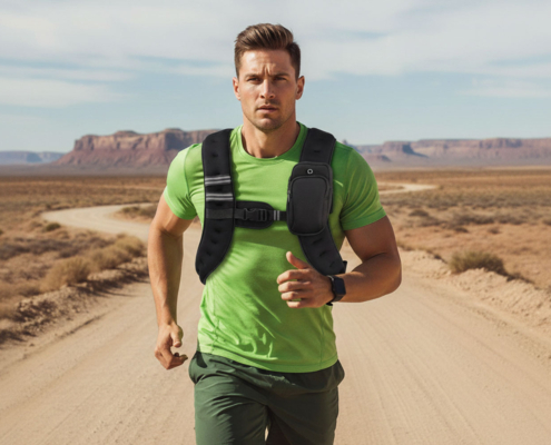 The male running with a weighted vest in a rugged outdoor setting