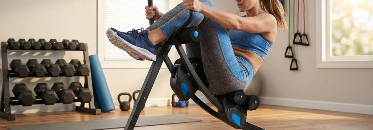 Woman doing exercises on Ab Workout Machine at home