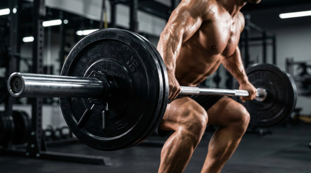 A professional male athlete lifting heavy weight during a barbell squat in a modern gym