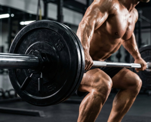 A professional male athlete lifting heavy weight during a barbell squat in a modern gym