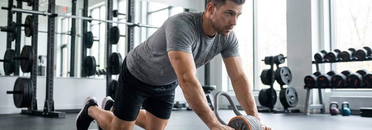 A men with ab roller and knee pads
