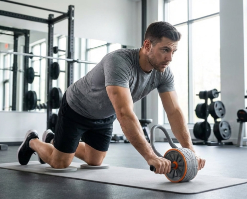 A men with ab roller and knee pads