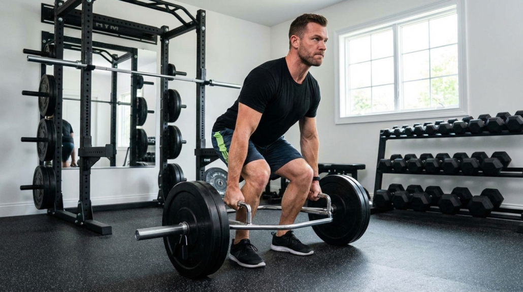 Men doing exercises using a trap bar at home gym