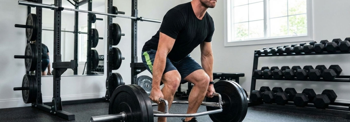 Men doing exercises using a trap bar at home gym