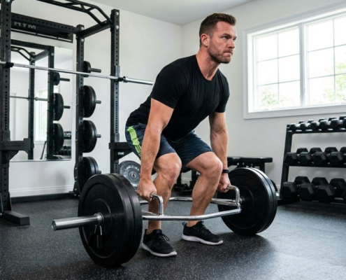 Men doing exercises using a trap bar at home gym