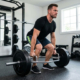 Men doing exercises using a trap bar at home gym