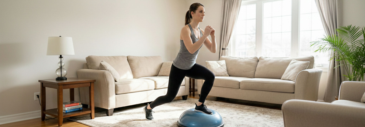 Woman doing exercise using half ball balance at home