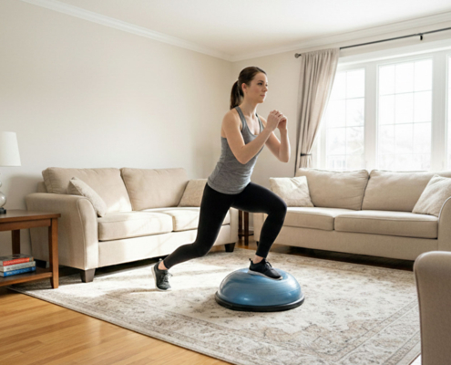 Woman doing exercise using half ball balance at home